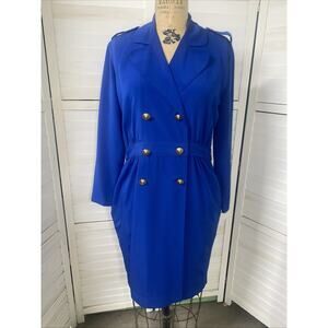 Vintage 80s Shirt Dress Ms Chaus Blue Retro Secretary Pencil Dress Midi Sz 8